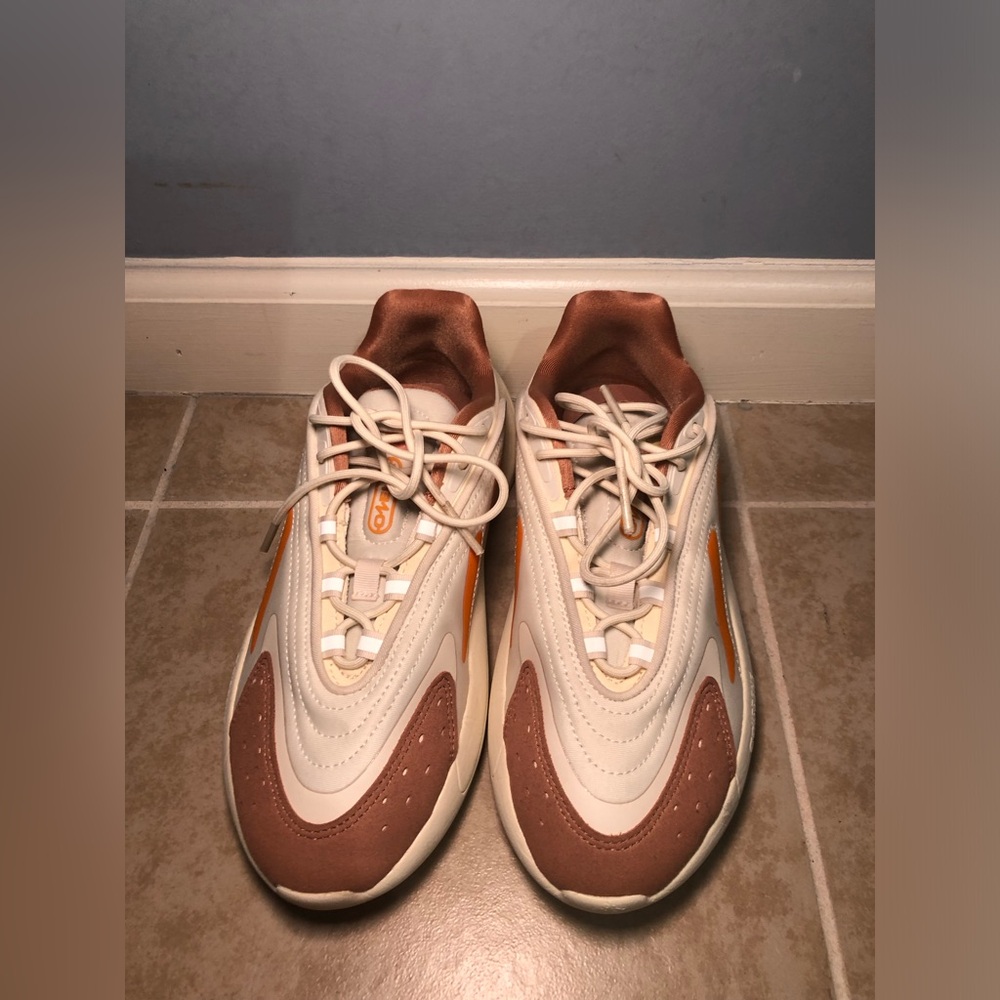 ADIDAS Cream and Brown Athletic Sneakers with Orange Detail